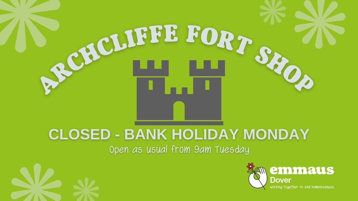 A polite reminder that our charity shop is open as usual until 4:30pm on Saturday for bank holiday weekend shopping. We are closed Sunday and Monday, and will reopen from 9am on Tuesday. Have a lovely long weekend!😊 📍 Archcliffe Fort, Archcliffe Rd, Dover, CT17 9EL