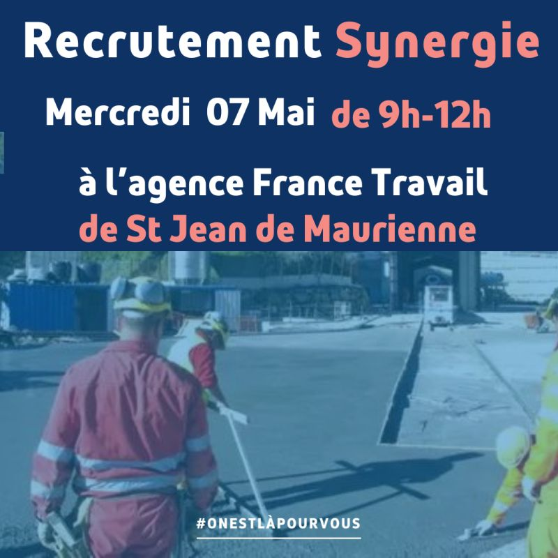 [#TousMobilisés] pour l'#emploi

L'agence @FTravail_ARA #Maurienne accueille le 7 mai @Synergie pour un temps d'échange (et + si vous le voulez) sur les opportunités locales dans le secteur #BTP & sur le chantier #LyonTurin

inscription  mesevenementsemploi.pole-emploi.fr/mes-evenements… 

#OnEstLàPourVous