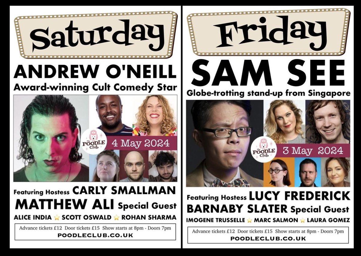 2 terrific shows this weekend to warm your rainy hearts, ticket links👇👇Just 6 more shows til our summer break! wegottickets.com/event/616429 wegottickets.com/event/616430 @Love_SE4 @destructo9000 @all_teeth_ @MrSamSee @LucyFrederick @carlysmallman @barnabyslater #comedian #SouthLondon