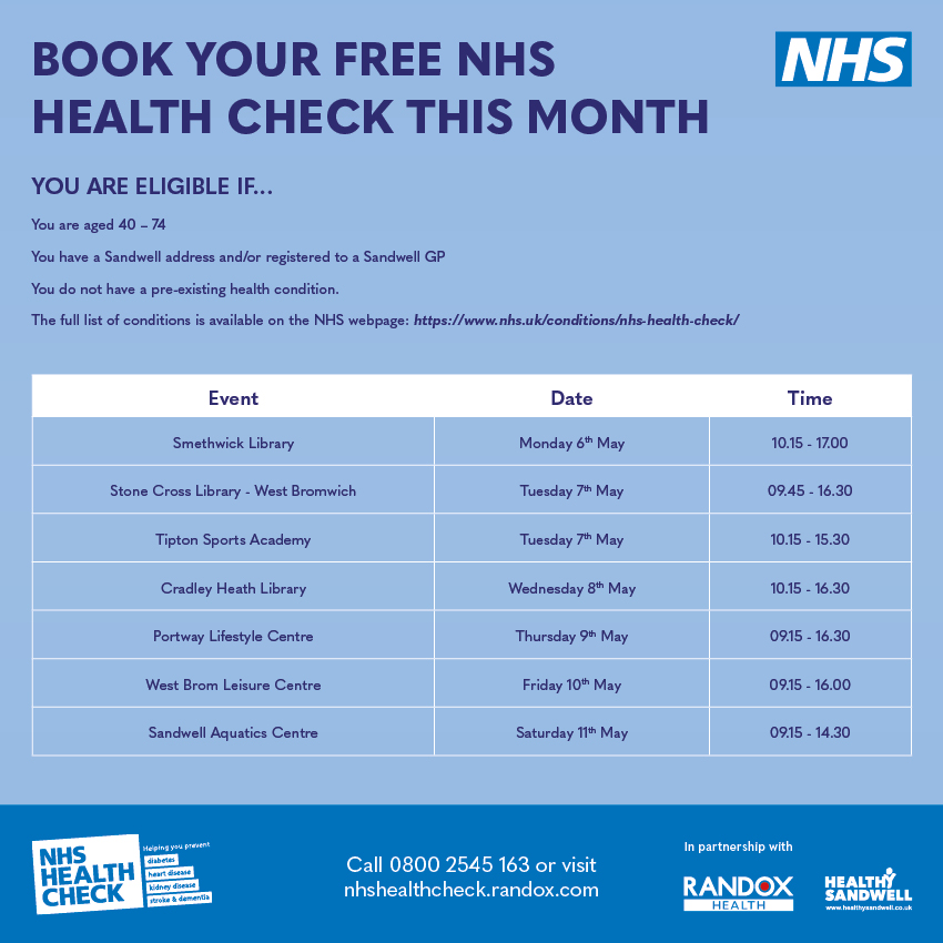 There are free NHS Health Checks taking place for those aged between 40 and 74 who do not have a pre-existing health condition. To check your eligibility, visit: nhshealthcheck.randox.com/eligibility/ To book your place, visit: nhshealthcheck.randox.com