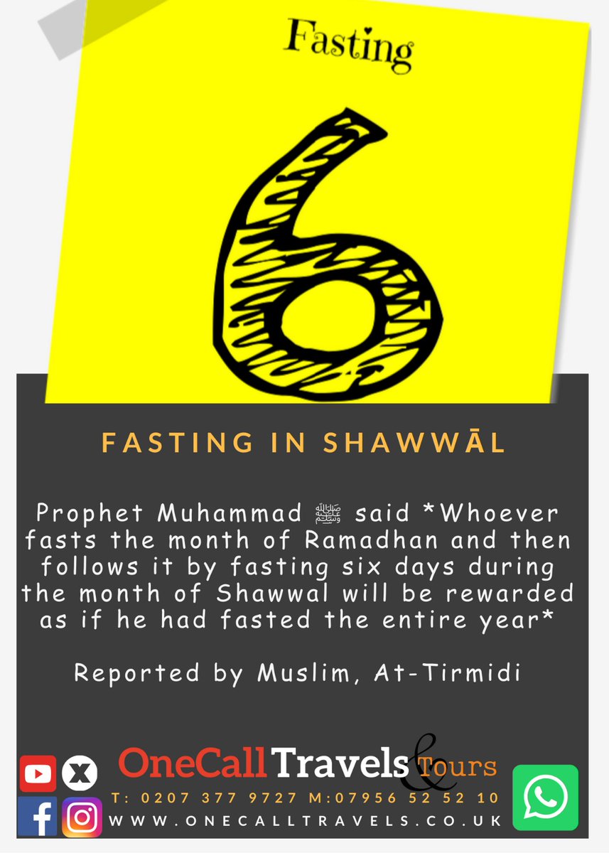 👉 Prophet Muhammad ﷺ said *Whoever fasts the month of Ramadhan and then follows it by fasting six days during the month of Shawwal will be rewarded as if he had fasted the entire year*

📖 Reported in Muslim

#Fasting #shawal #islam #Muslims #islamic #onecalltravels #sunnah