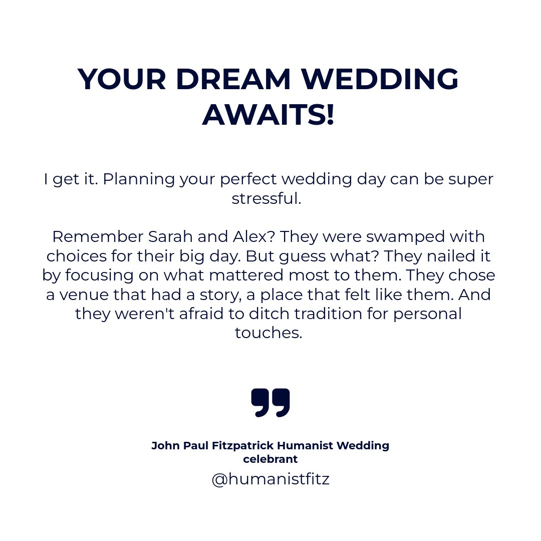 Want a wedding that screams 'you'? 🎉 Think about what makes your love unique and let's infuse that into your day! 🤵👰💕 Hit me up 📞 07549 459754 or drop an email 💌 johnpaul.fitzpatrick@humanism.scot and let's craft your unforgettable ceremony. #DreamWedding #UniqueCeremony