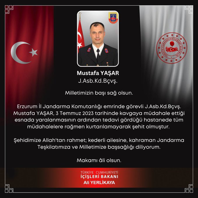 Erzurum’da şehit olan Jandarma Astsubay Kıdemli Başçavuş Mustafa Yaşar’a Allah'tan rahmet diliyoruz.

Kahraman mehmetçiğimizin ruhu şâd, makamı âli olsun.

Kederli ailemizin, ordumuzun ve milletimizin başı sağ olsun. 🇹🇷