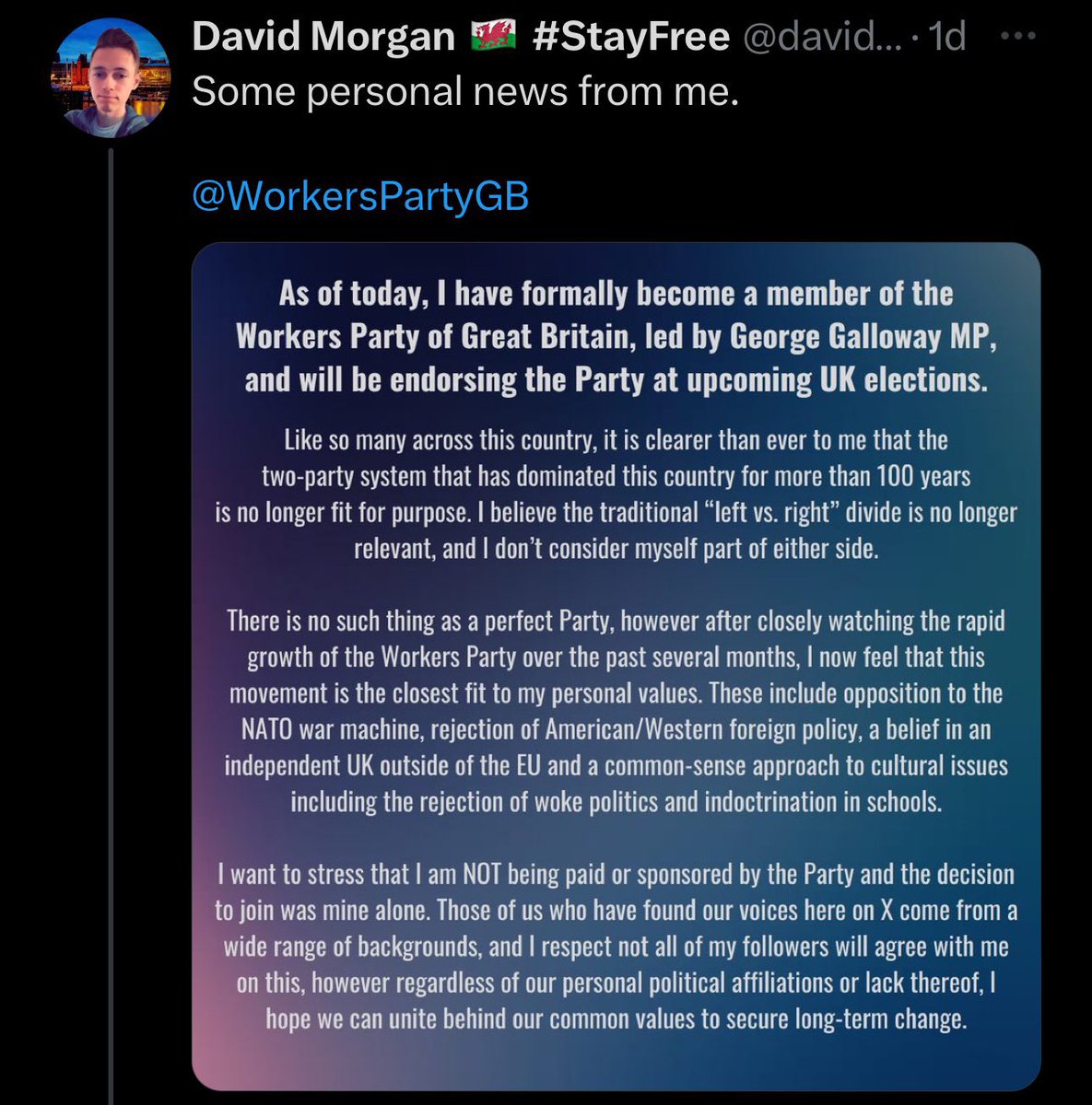 This person is now a member of George Galloway’s Workers party because it’s the “closest fit” to his personal values. About those personal values… 🫣