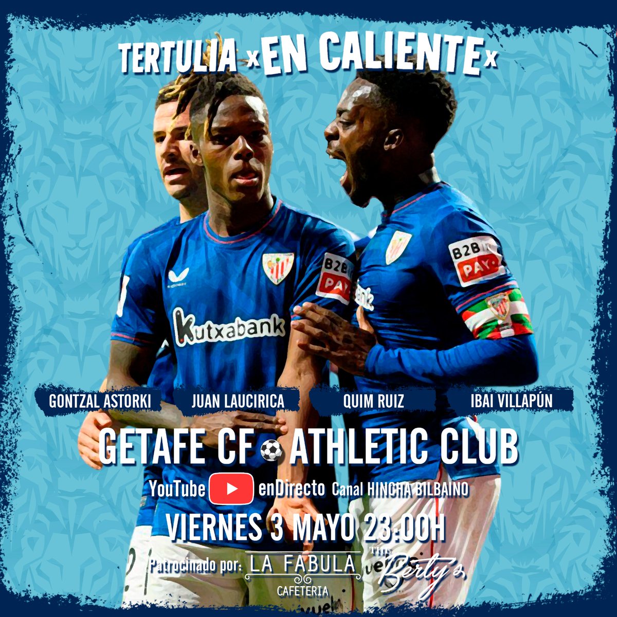 📆 Viernes 3My / 23:00 h. ⚽ Al finalizar el partido @GetafeCF - @AthleticClub 🇦🇹 Tertulia athleticzale #EnCaliente 🇦🇹 💻 YouTube canal #HinchaBilbaino 👥 Invitados: @GontzalFA, @Juanlaucirica, @QuimRuizZorita e @IbaiVillapun 🗣️ Modera: Alfredo Casas 👉🏻 ¡Estáis convocados!