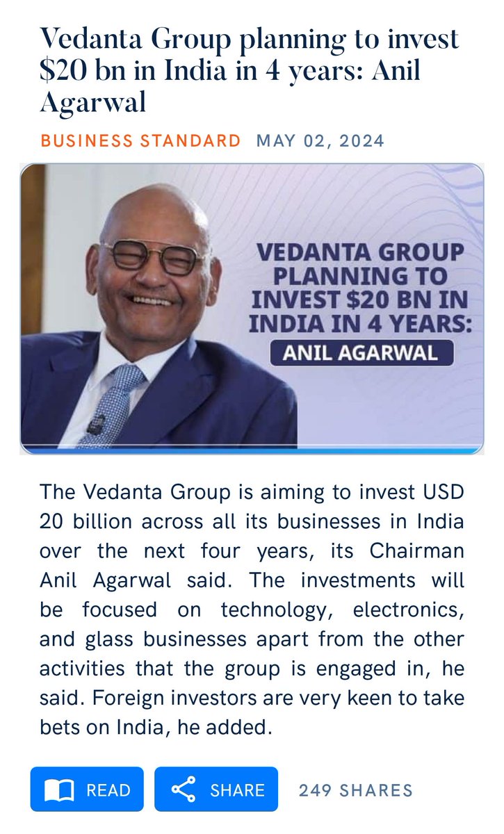 'Vedanta Group planning to invest $20 bn in India in 4 years'
The investments will be focused on technology, electronics, and glass businesses apart from the other activities that the group is engaged in.
#MakeInIndia 
#EaseOfDoingBusiness 
business-standard.com/companies/news…
