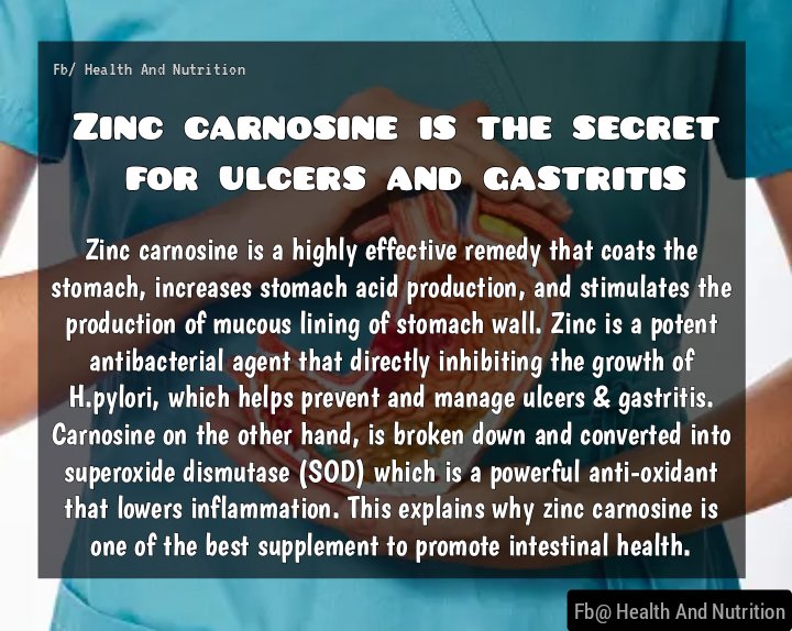 Zinc-carnosine has been shown to protect the gastric mucosa against ulcerations and accelerate the healing of gastric ulcers. More importantly, numerous studies have shown promise for gastric and duodenal ulcers and gastritis.