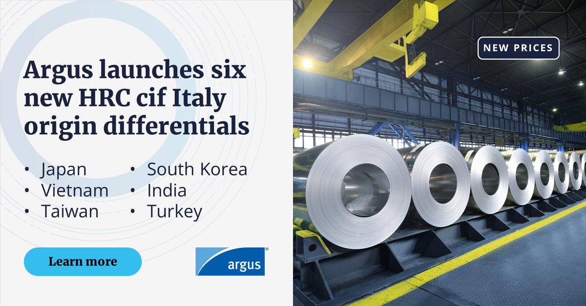 📊The market for importing HRC steel to Europe faces widening differentials for prices. Argus has launched has 6 new HRC cif Italy origin differentials– Japan, Vietnam, Taiwan, South Korea, India, Turkey: okt.to/lUvYtJ #steel #hotrolledcoil #FerrousMetals