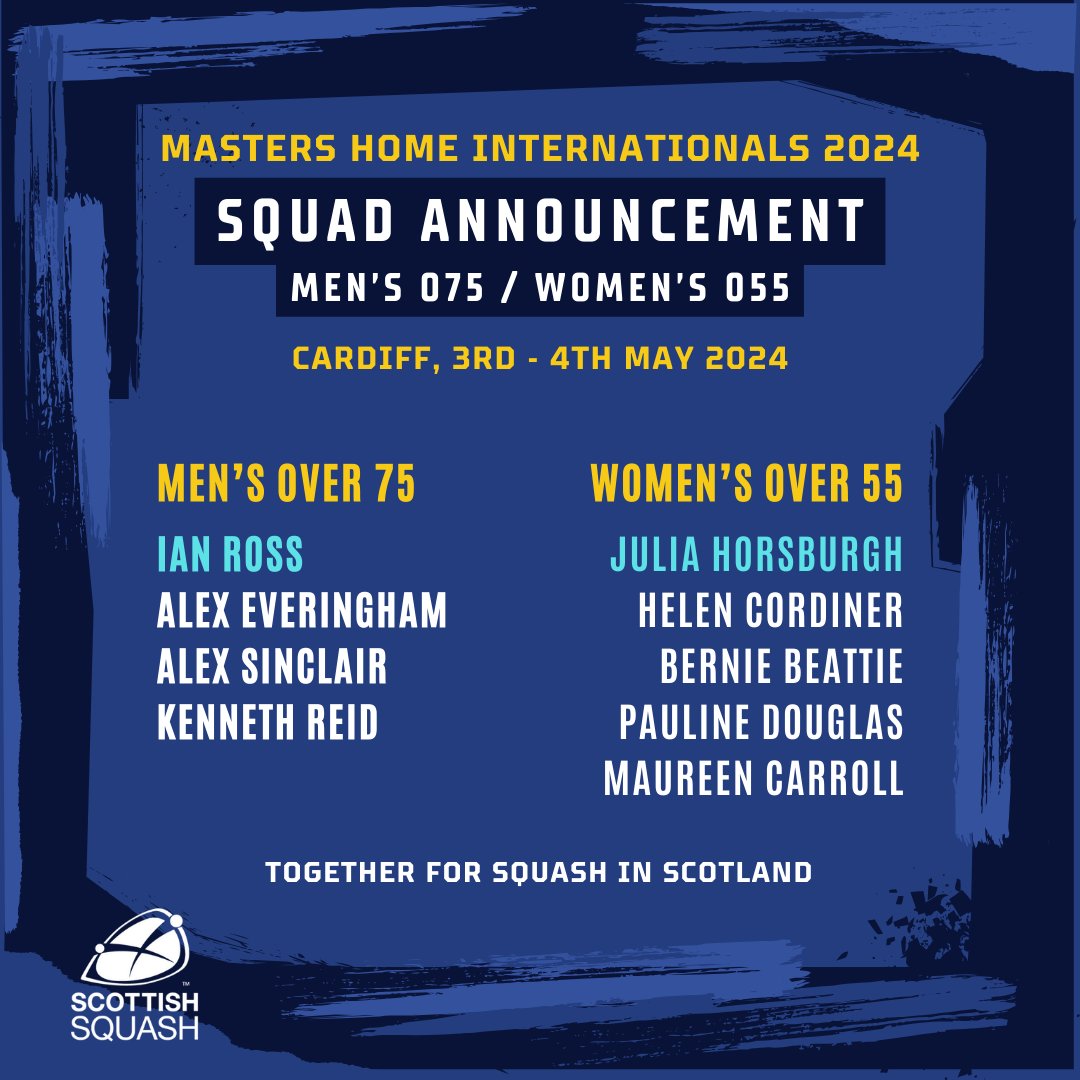 It's not only Switzerland where Scotland will be competing this week!

The final Masters Home Internationals weekend sees our MO35s, MO55s, WO55s and MO75s head to <a href="/CardiffSquash/">Cardiff Squash Club</a> where they will be hosted by Squash Wales 🏴󠁧󠁢󠁷󠁬󠁳󠁿

Good luck to the Scottish players heading south! 🏴󠁧󠁢󠁳󠁣󠁴󠁿