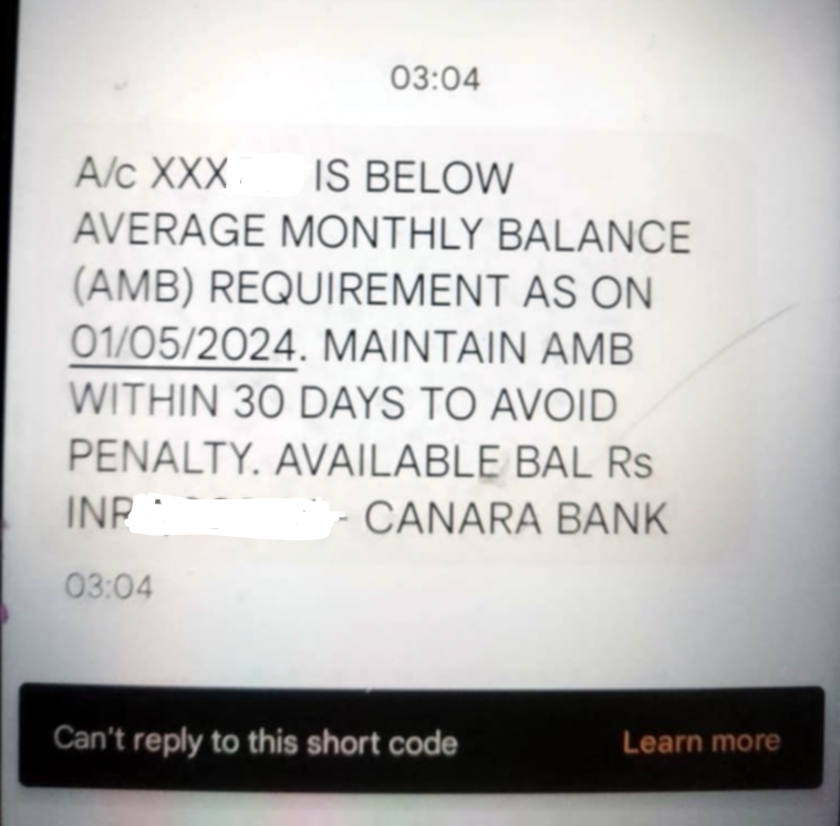 Hi @CanaraBank. How can you send a threatening SMS to maintain AMB for a small saving bank (SSB) account? As far as our knowledge goes, a SSB can have 0 balance account and even inoperative SSB cannot be fined. Do not send such SMS to avoid penalty from @RBI #DigitalIndia @PTLBIn