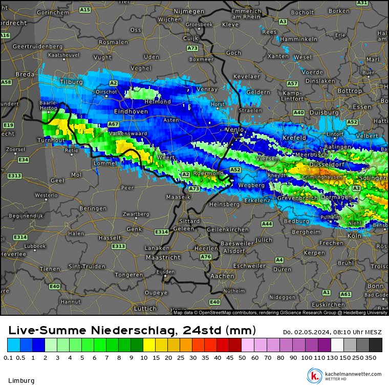 Op het gecumuleerde radarbeeld is te zien hoe de onweersbuien van oost naar west over Midden-Limburg en Brabant trokken gisteren. Lokaal viel meer dan 10 mm. Vanavond is een veelvoud hiervan mogelijk! kachelmannwetter.com/de/regensummen…