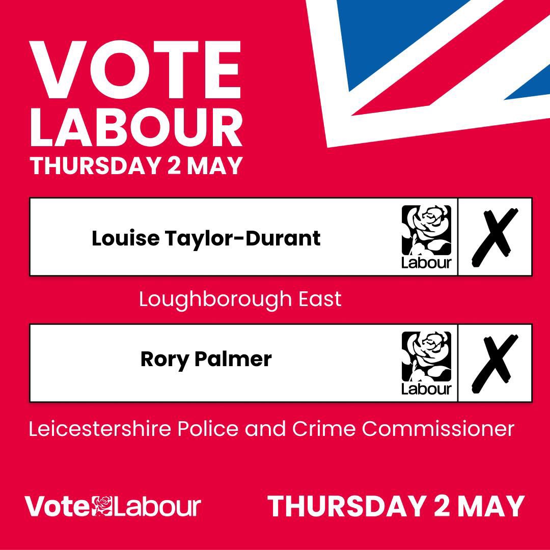 If you're in Loughborough please vote today for my friend @LouiseTaylDur who'd make an incredible and dedicated local councillor on Charnwood Borough Council, and for @Rory_Palmer the best choice for Police and Crime Commissioner.