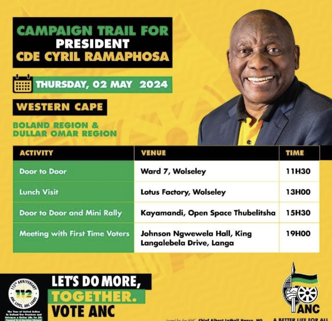 The President of our movement will be leading a campaign trail in Boland Region and Dullah Omar Region today.

As part of intensifying our election campaign.

We are leaving no one behind.

#LetsDoMoreTogether
#VoteANC
⚫️🟢🟡✊🏽