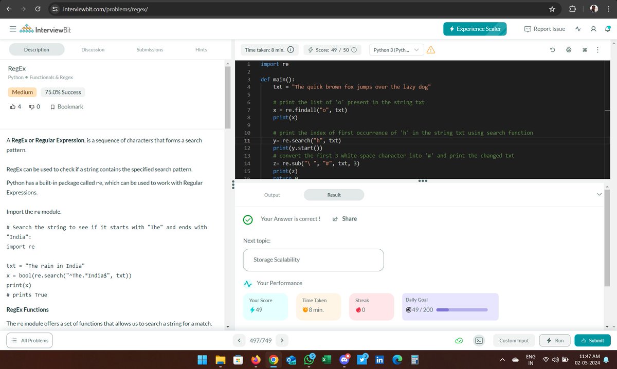 Day 122 – 02.05.2024
Hello All, I have completed #Day122 of #365DaysofCode Challenge with @scaler_official
Scaler discord community link:- discordapp.com/channels/78006…
Today I solved the question from Python: RegEx
#365daysofcodescaler #scalerdiscord #codewithscaler