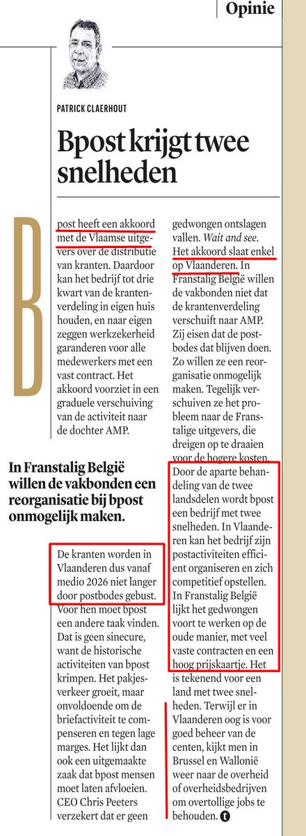 Een #bpost met 2 snelheden voor een land met 2 snelheden schrijft Patrick Claerhout in @TrendsKanaalZ:

'In Vlaanderen kan het bedrijf zijn postactiviteiten efficiënt organiseren en zich competitief opstellen. In  Franstalig België lijkt het gedwongen voort te werken op de oude…