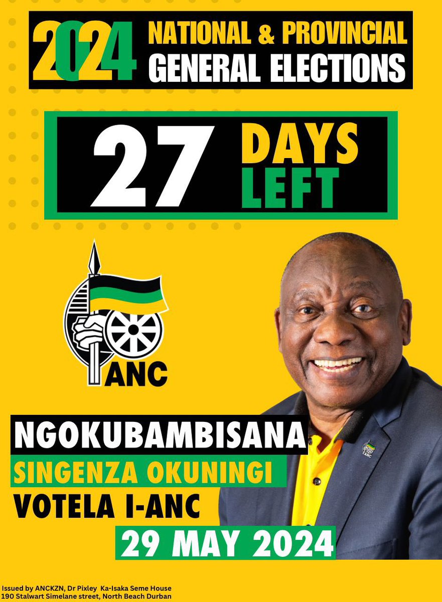27 Days to go until the 2024 National and Provincial Elections on the 29th of May 2024!

1st Ballot: #VoteANC ❎
2nd Ballot: #VoteANC ❎
3rd Ballot: #VoteANC ❎

#VoteANC2024
#LetsDoMoreTogether ⚫️🟢🟡