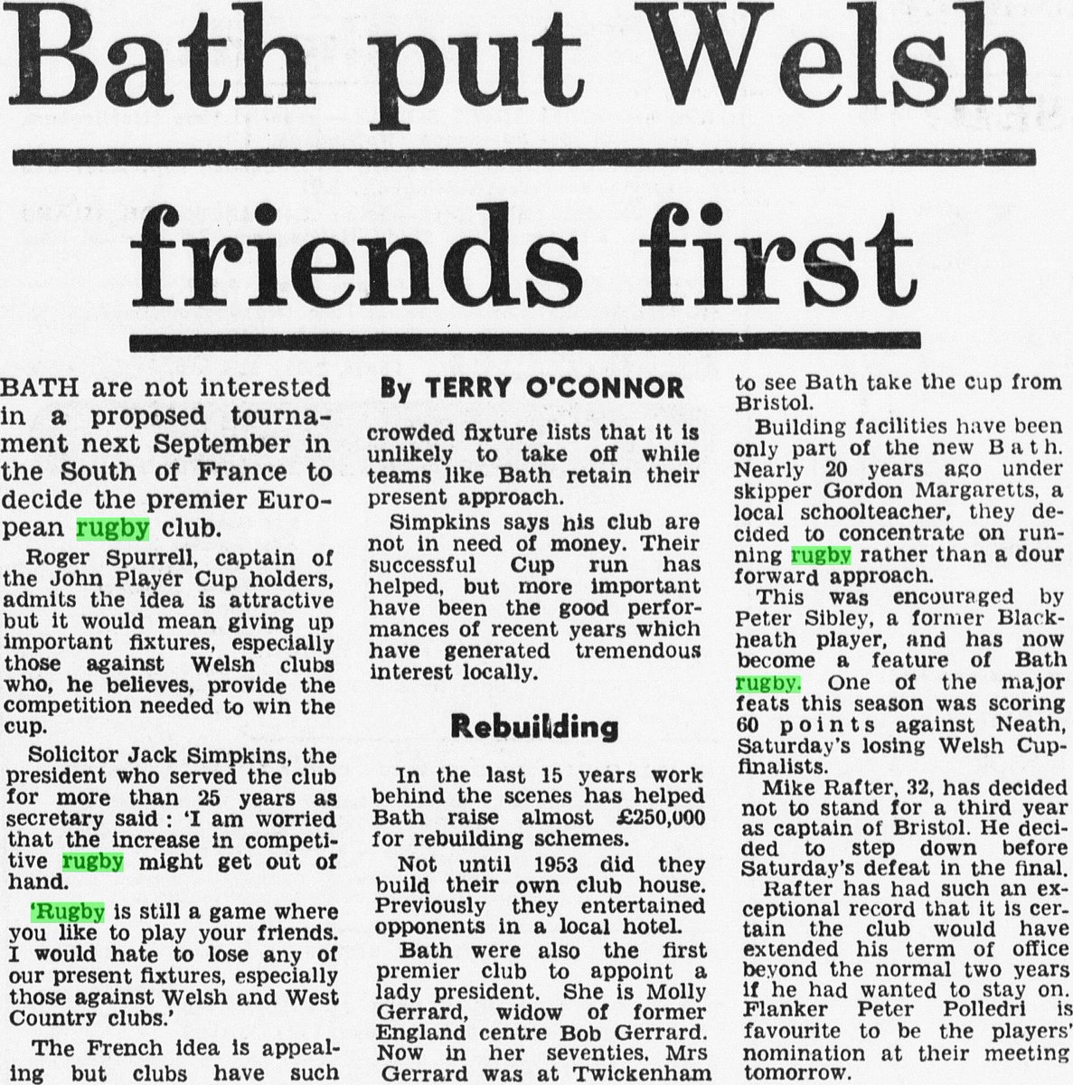 40 yrs ago @BathRugby put 🏴󠁧󠁢󠁷󠁬󠁳󠁿 friends 1st and decline French tournament. 'Rugby is still a game played against your friends. I would hate to lose any of our present fixtures, especially those against Welsh and West Country friends' and we 'are not in need of money' #AllezBath 🛁