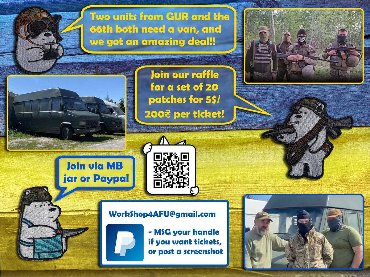 Rootdar's tweet photo. #PatchRaffle
We have urgent requests for vans for a unit of the Defence Intelligence of Ukraine/GUR and the 66th brigade.
🎯 3000$
We raffle a whole set of beary morale patches [20pcs+1 MotherUA patch] on a velcro board! 🐻‍❄️ 🩷
You can win them for 5$/🎫
Please see tweets below
⬇️ https://t.co/5WRp3wSTLF