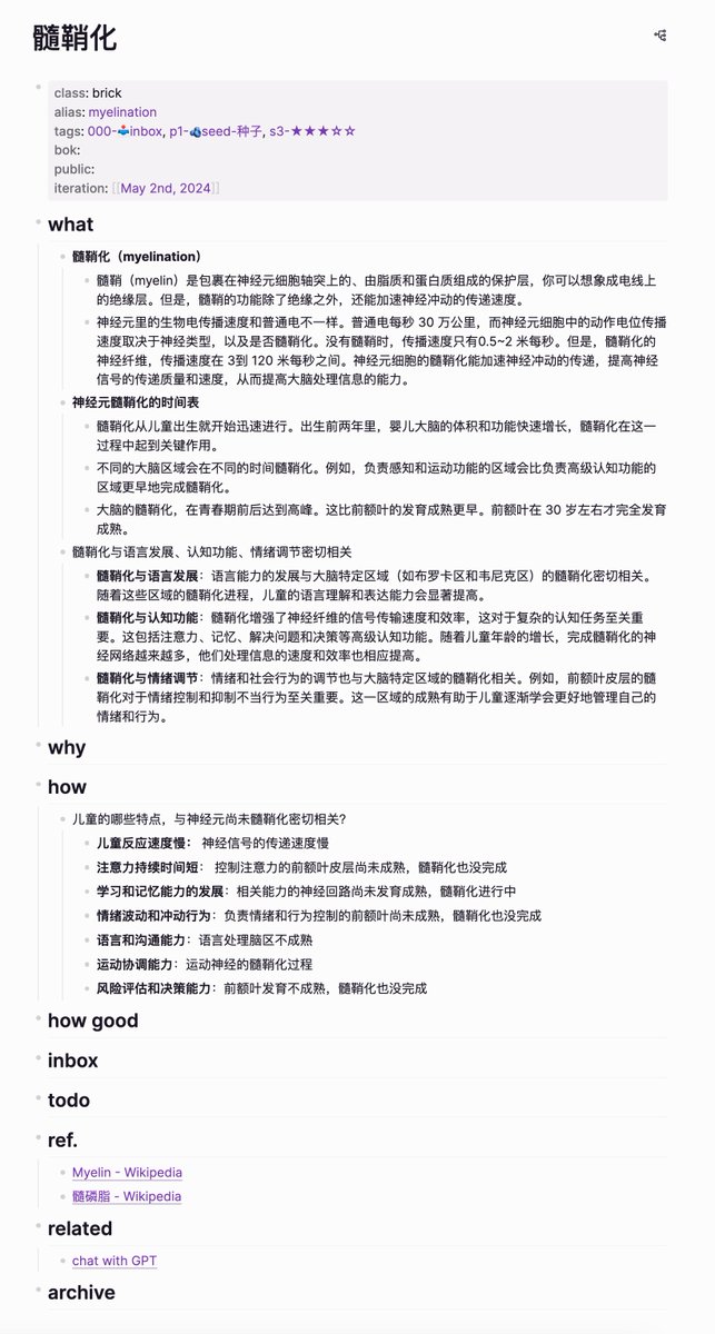 howie_serious's tweet photo. 父母带娃时发的火🔥，80% 来自自己对儿童大脑发展规律的无知。只要父母能费曼清楚前额叶、髓鞘化、大脑一生发育过程这三个概念，这种邪火完全不会发生。

这是我自己的一个费曼学习法的实例。在推上看到myelin 的 gif 动图，想到自己应该费曼一下自己对髓鞘化过程的理解。于是整理下 logseq 中的笔记，给大家费曼一下🤣

===👇我的费曼笔记===

髓鞘化（myelination）

髓鞘（myelin）是包裹在神经元细胞轴突上的、由脂质和蛋白质组成的保护层，你可以想象成电线上的绝缘层。但是，髓鞘的功能除了绝缘之外，还能加速神经冲动的传递速度。

神经元里的生物电传播速度和普通电不一样。普通电每秒 30 万公里，而神经元细胞中的动作电位传播速度取决于神经类型，以及是否髓鞘化。没有髓鞘时，传播速度只有0.5~2 米每秒。但是，髓鞘化的神经纤维，传播速度在 3到 120 米每秒之间。神经元细胞的髓鞘化能加速神经冲动的传递，提高神经信号的传递质量和速度，从而提高大脑处理信息的能力。

神经元髓鞘化的时间表

髓鞘化从儿童出生就开始迅速进行。出生前两年里，婴儿大脑的体积和功能快速增长，髓鞘化在这一过程中起到关键作用。

不同的大脑区域会在不同的时间髓鞘化。例如，负责感知和运动功能的区域会比负责高级认知功能的区域更早地完成髓鞘化。

大脑的髓鞘化，在青春期前后达到高峰。这比前额叶的发育成熟更早。前额叶在 30 岁左右才完全发育成熟。

髓鞘化与语言发展、认知功能、情绪调节密切相关

髓鞘化与语言发展：语言能力的发展与大脑特定区域（如布罗卡区和韦尼克区）的髓鞘化密切相关。随着这些区域的髓鞘化进程，儿童的语言理解和表达能力会显著提高。

髓鞘化与认知功能：髓鞘化增强了神经纤维的信号传输速度和效率，这对于复杂的认知任务至关重要。这包括注意力、记忆、解决问题和决策等高级认知功能。随着儿童年龄的增长，完成髓鞘化的神经网络越来越多，他们处理信息的速度和效率也相应提高。

髓鞘化与情绪调节：情绪和社会行为的调节也与大脑特定区域的髓鞘化相关。例如，前额叶皮层的髓鞘化对于情绪控制和抑制不当行为至关重要。这一区域的成熟有助于儿童逐渐学会更好地管理自己的情绪和行为。

儿童的哪些特点，与神经元尚未髓鞘化密切相关？

儿童反应速度慢： 神经信号的传递速度慢

注意力持续时间短： 控制注意力的前额叶皮层尚未成熟，髓鞘化也没完成

学习和记忆能力的发展：相关能力的神经回路尚未发育成熟，髓鞘化进行中

情绪波动和冲动行为：负责情绪和行为控制的前额叶尚未成熟，髓鞘化也没完成

语言和沟通能力：语言处理脑区不成熟

运动协调能力：运动神经的髓鞘化过程

风险评估和决策能力：前额叶发育不成熟，髓鞘化也没完成

总结
老在互联网上看到父母带娃时发火，吐槽娃惹自己生气。我的观点很清晰：很多发火是可以避免了，通过消除自己对儿童认知发展规律的无知。

基本上，只要父母能费曼清楚前额叶、髓鞘化、大脑一生发育过程这三个概念，父母的孩子的发火可以减少 80% 以上。