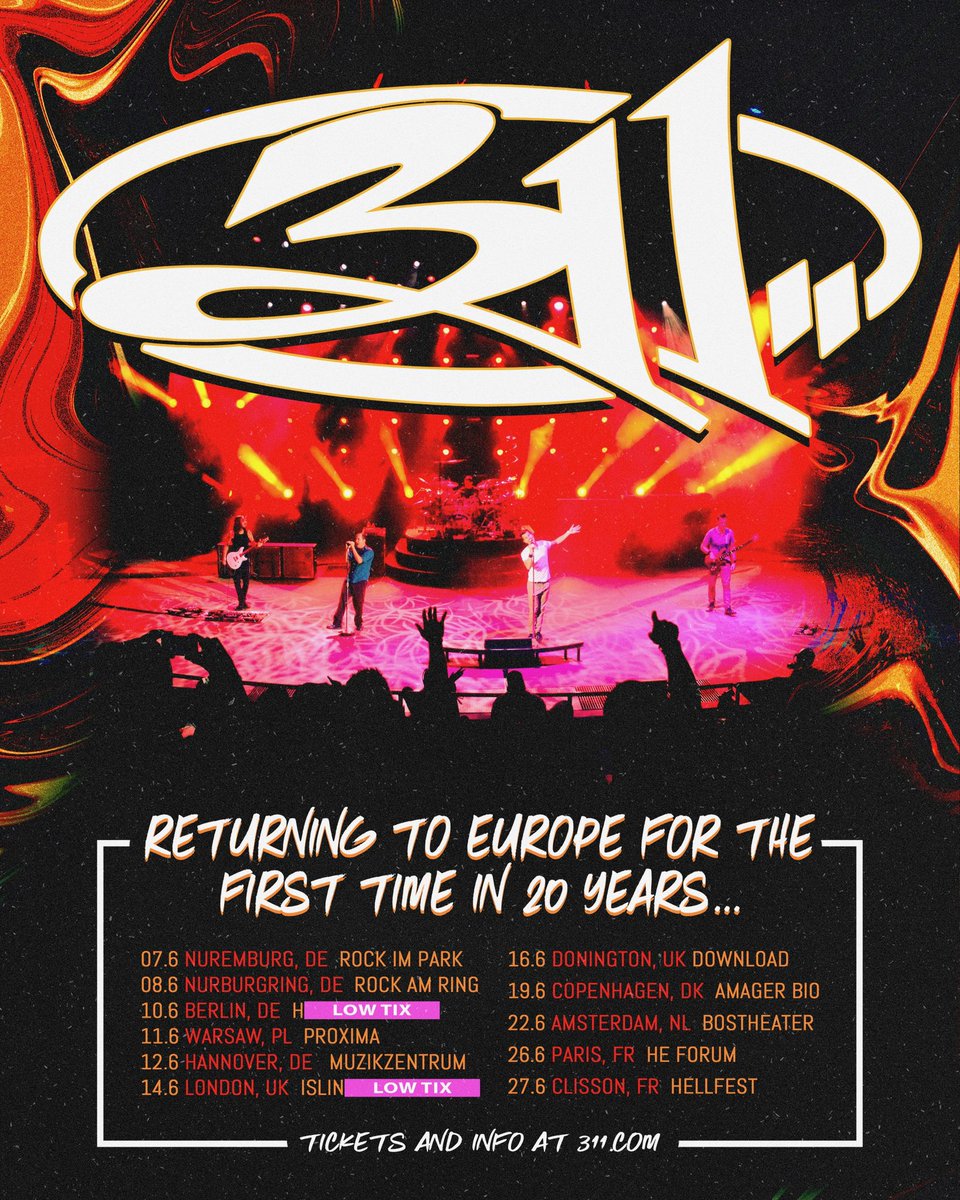 We can’t wait to see you next month Europe! Tickets are going quick with a few dates close to selling out! Head to 311.com/tour to get yours 📸: Gentle Giant Digital