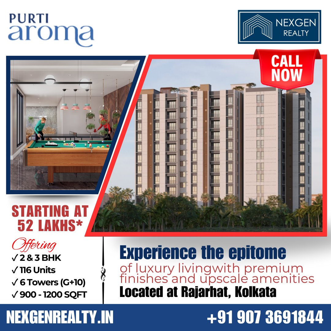 Unveil the essence of contemporary living at Purti Aroma, an exquisite residential project nestled in the heart of Rajarhat, Kolkata. 

#KolkataRealEstate #LuxuryLiving #DreamHomes #PropertyInvestment #CityOfJoy #KolkataDiaries #RealEstate #Property