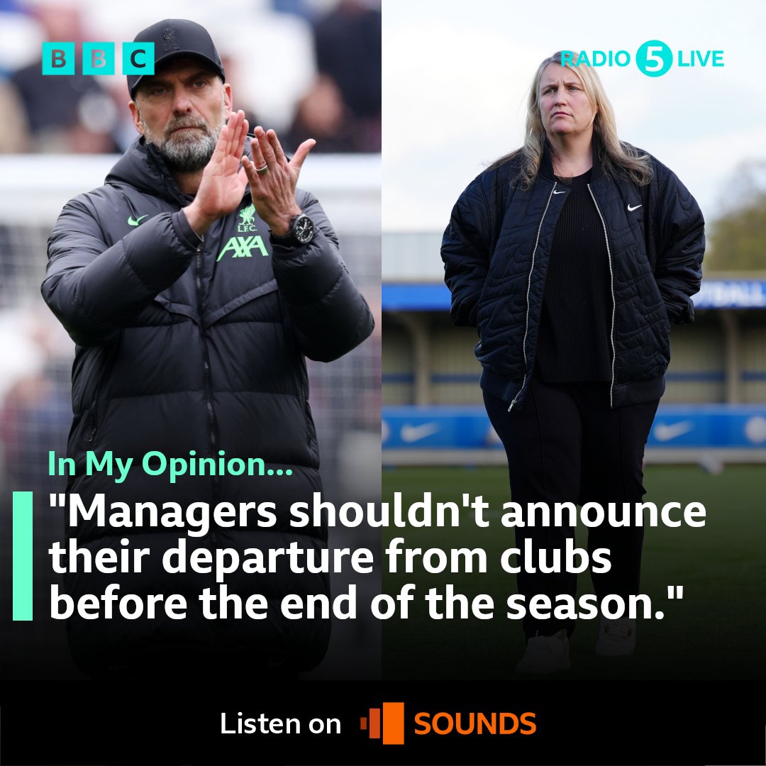 💬 In My Opinion: 'Managers shouldn't announce their departure from clubs before the end of the season.' ⚽ Journalist Emily Herbert says managers should keep plans to leave private for the team's sake... ... with Klopp and Emma Hayes as examples. ⁉️ What do you think?
