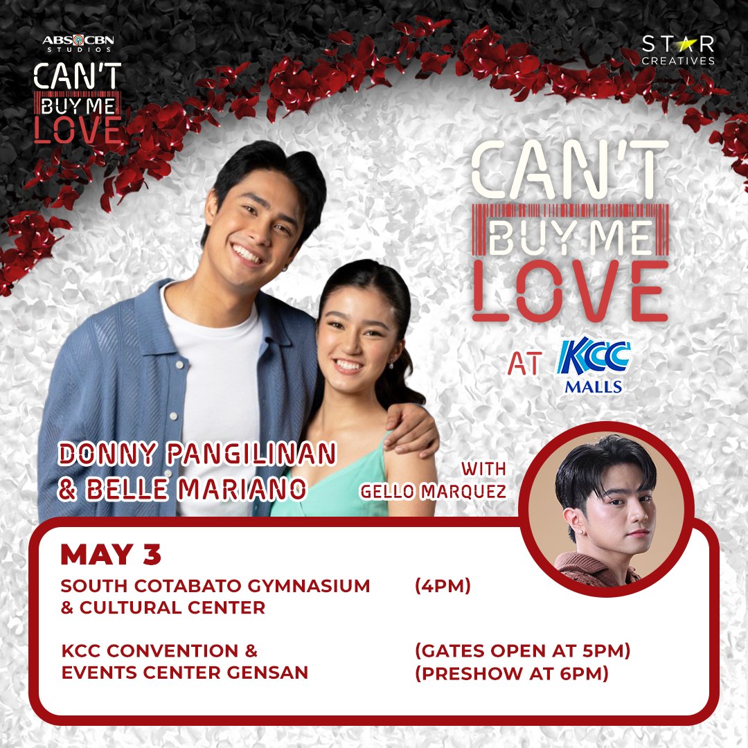 Don't forget, Kapamilya! Bukas na! Makakasama natin sila Donny, Belle, at Gello sa South Cotabato Gymnasium and Cultural Center at 4PM! KCC Convention and Events Center GenSan at 5PM! Kitakits! 🥰