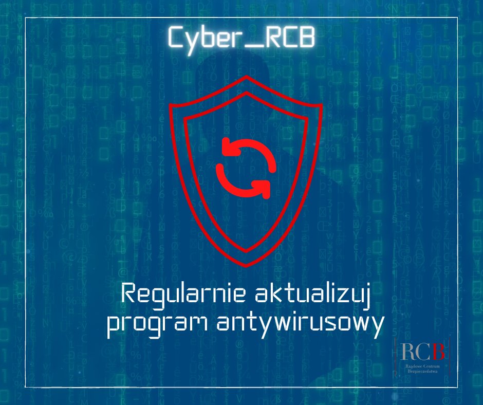 #Cyber_RCB 

Bądź bezpieczny w sieci:
🖱️używaj silnych i unikalnych haseł;
🖱️nie klikaj w podejrzane linki i załączniki w wiadomościach e-mail;
🖱️regularnie aktualizuje program antywirusowy.

#cyberbezpieczeństwo