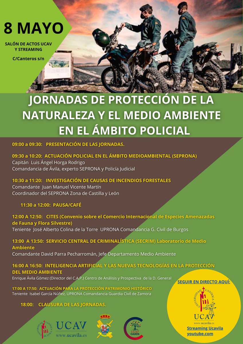 🌿Jornadas de Protección de la Naturaleza y el Medio  Ambiente en el Ámbito Policial, organizadas por la UCAV (Cátedra CAV-CeUICN) y la Guardia Civil. Exploraremos el papel clave de SEPRONA, SECRIM,  UPRONA, y otros en la conservación ambiental. youtube.com/c/streaminguca…