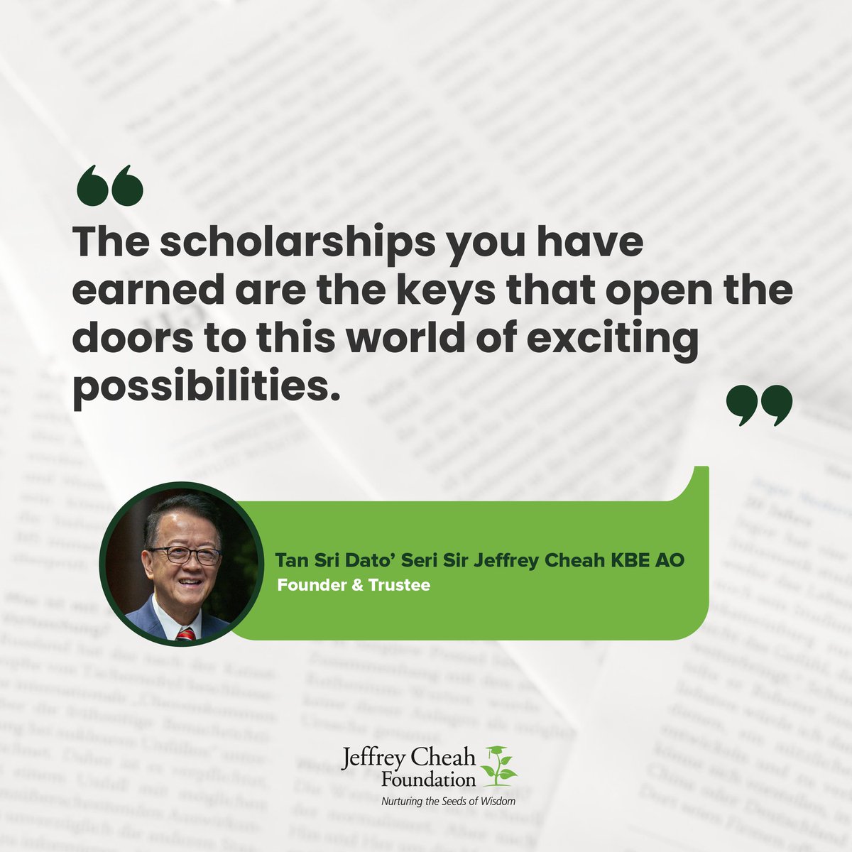 An investment in education is an investment for the future, therefore it is our mission to make quality education accessible for all through the Jeffrey Cheah Foundation scholarships. 

#JeffreyCheahFoundation #JCFScholars #QualityEducation #SeedsofWisdom