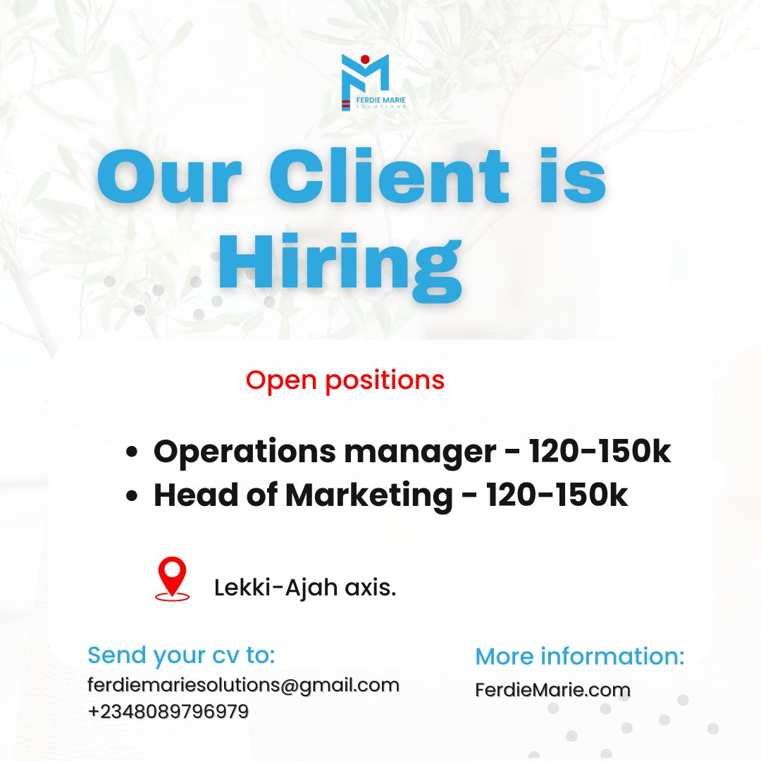 Looking to join an incredible team? Check out our current vacancies and take the next step towards your dream career! #JobOpportunity #HR #Recruitment #ferdiemariesolutions #jobsinlagos #jobvacancies