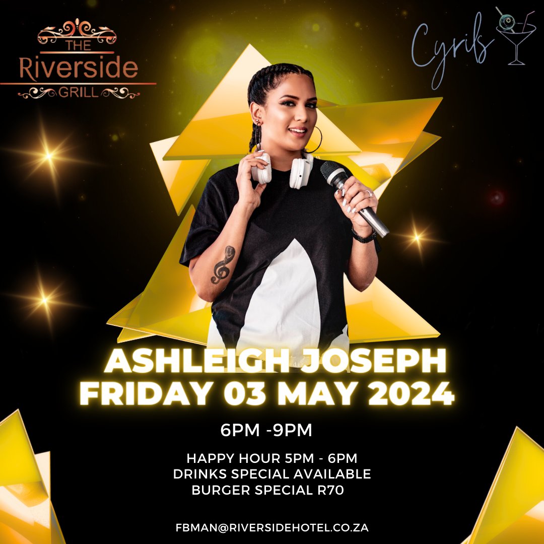 Join us tomorrow night for Ashleigh Joseph live from 6pm -9pm! Happy hour from 5pm - 6pm. We have our delicious burger special for R70. Reserve your tables by contacting fbman@riversidehotel.co.za or whatsapp 063 593 2337. #riversidegrill #fridayfun #music #fridayvibes