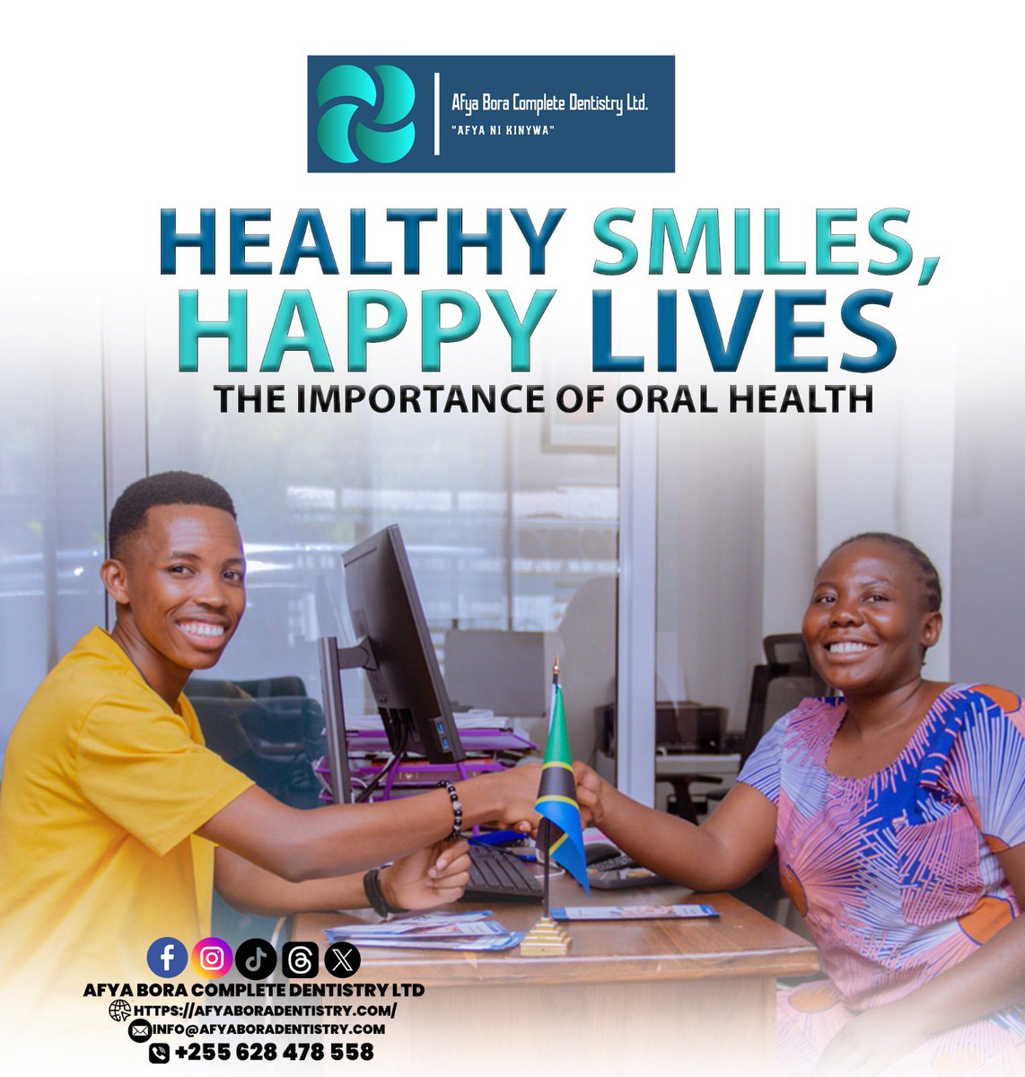 'Smile brighter, live happier! 😊✨ Dive into the significance of oral health as the key to overall well-being in our society. Join us at Afya Bora Complete Dentistry to unlock the secrets of healthy smiles and happy lives. #OralHealth #HealthySmiles'