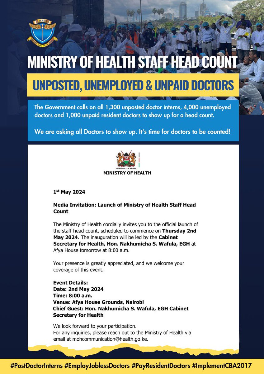 We want to remind @MOH_Kenya through our CS Health @Nakhumicha_S  that as you count your understaffed workforce, please also remember we have 1300 unposted interns, 4000 unemployed doctors and 1000 unpaid resident doctors who are eager to offer their services to save Kenyan…