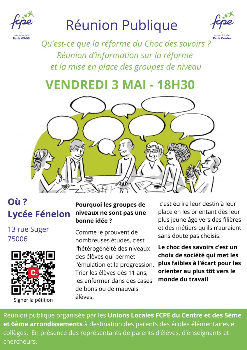 📣 Réunion publique sur la réforme du choc des savoirs, groupes de niveau.
Comment cette politique du tri va impacter la scolarité des élèves de l’élémentaire au lycée?

🚨le 03 Mai 18h30 au lycée Fenelon avec Laurence de Cock, des rep. d’enseignants et de parents d’élèves #FCPE