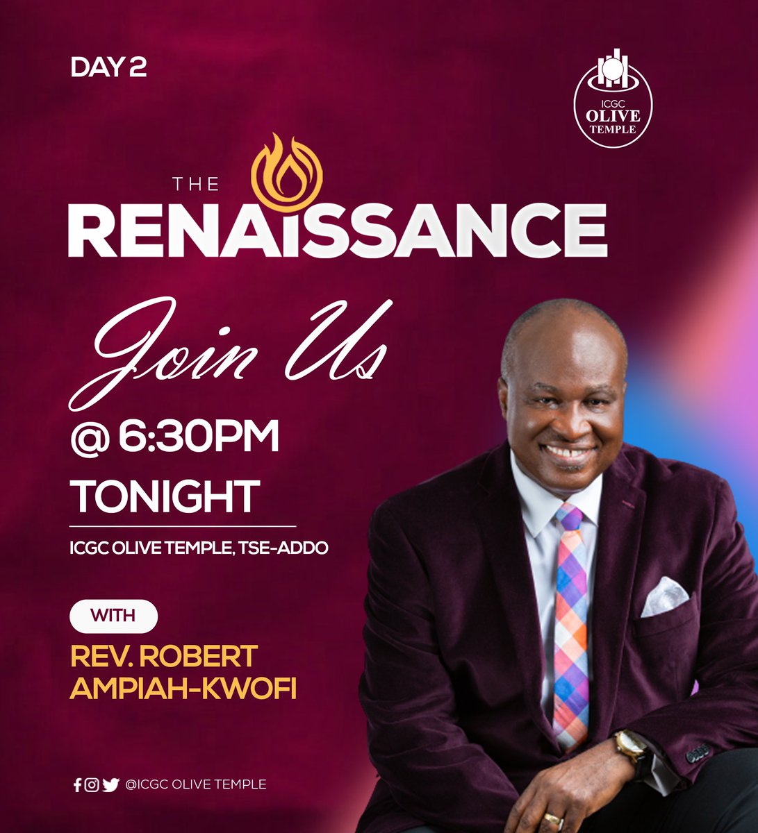 Day 1 was Glorious! Join us for Day 2 of The Renaissance with Rev. Dr. Ampiah-Kwofi. A life-changing encounter awaits YOU! See you there🔥🔥🔥
#renaissanceishere #renaissancehascome #icgcolivetemple #weareICGC #day2