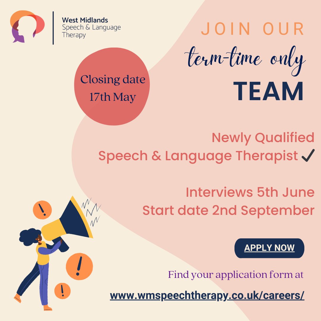 WE ARE HIRING 📣📣
APPLY NOW by 17th May 2024 🗓️

WMSLT are opening up more opportunities for an #NQPSLT to join our fabulous team 🤩 

Full info here: wmspeechtherapy.co.uk/transform-live…

#slcnjobs #slt2be