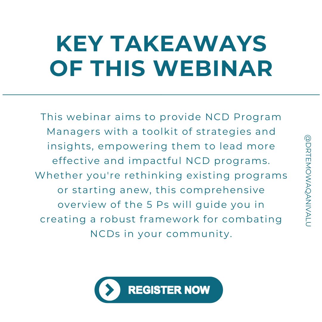 Unlock the potential of effective NCD management with our upcoming webinar tailored for program managers! 

Don’t miss out, register now! 🌟 

zoom.us/meeting/regist… 

#SDG3_4 #BeatNCDs #NCDManagement #drtemokwaqanivalu #temowaqanivalureviews #DrTemoWaqanivalureviews