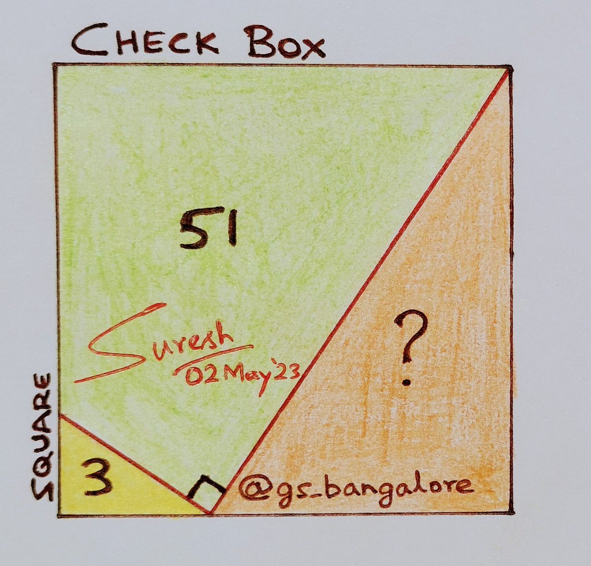 Check Box

Perpendiculars dividing a square into three areas. Orangle = ?

#square #triangle #geometry #geometrique #similarity #puzzle #Pythagoras #study #riddle #thinking #logic #reasoning #today #mathteachers #math #teacher #mathematics #Algebra #highschool #students #learning