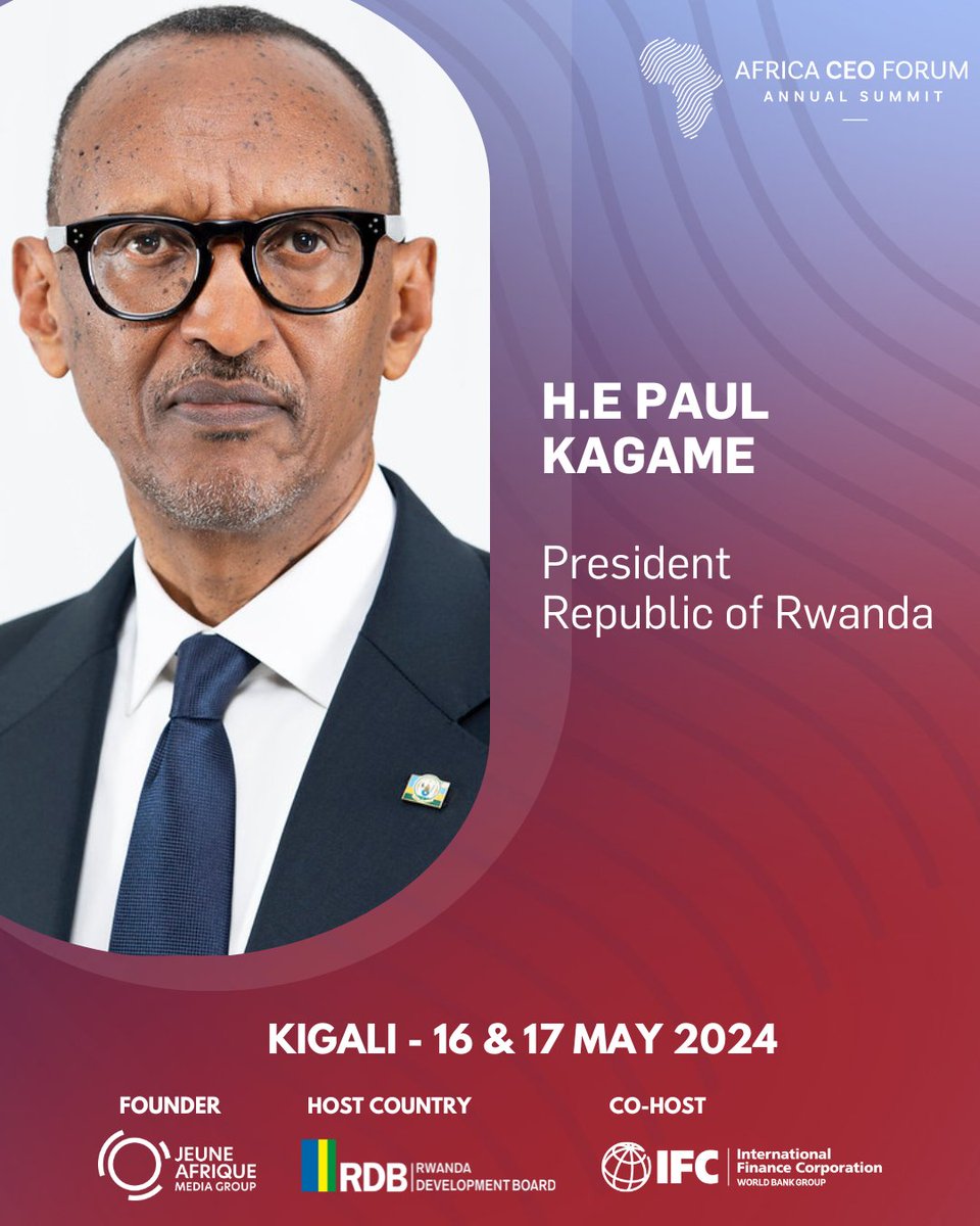 Did you know that some Heads of State, including Filipe Jacinto Nyusi of Mozambique, Mokgweetsi Masisi of Botswana, H.E. Dr. William Samoei Ruto of Kenya, and H.E. Paul Kagame of Rwanda, will be speaking at the Africa CEO Forum on 16-17 May in Rwanda? #ACF2024

#RwandaIsOpen |…