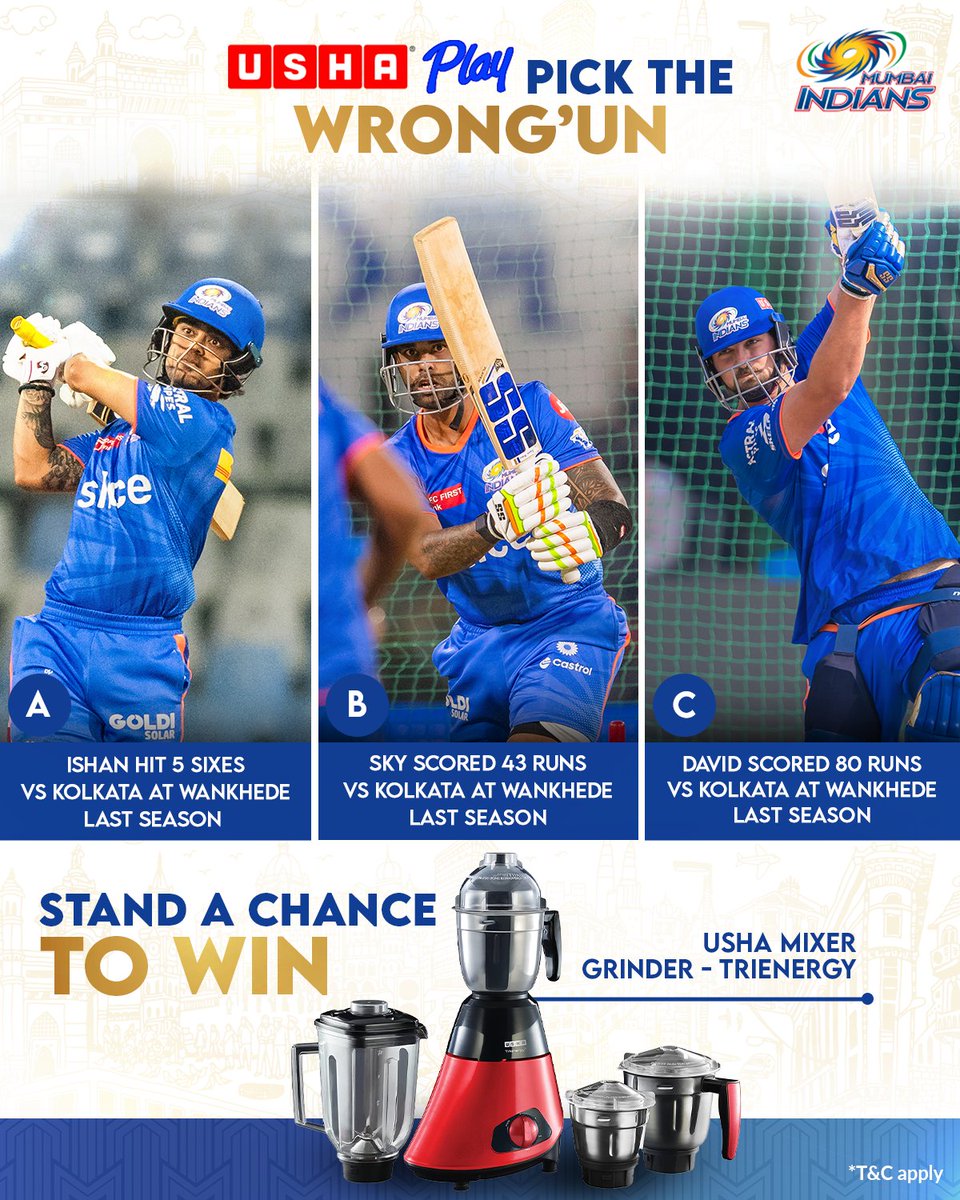 Time to pick the 𝐖𝐫𝐨𝐧𝐠'𝐔𝐧 and win prizes! 🎁 Tell us the incorrect stat 👇 & stand a chance to win @UshaPlay Mixer Grinder - Trienergy 🌀 Read the T&C here! 👉 bit.ly/USHAContest #MumbaiMeriJaan #MumbaiIndians