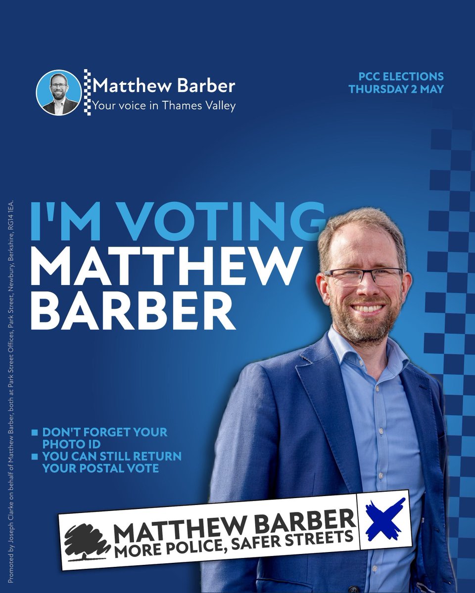 PLEASE LIKE & SHARE 🗳️Polls are open until 10pm tonight Make sure you back my plan for safer communities across Thames Valley We have more police than ever before and crime is falling - but that is all at risk today. Vote 🌳Matthew Barber✖️