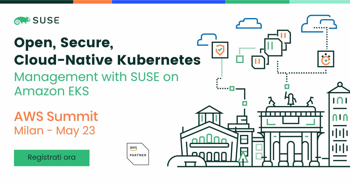 📣<a href="/SUSE/">SUSE</a> sarà presente all'AWS Summit di Milano, e tu?  Vieni a trovarci allo stand S1 per parlare dei tuoi progetti e scoprire le nostre innovative soluzioni per la gestione e la sicurezza dei container. Ti aspettiamo!