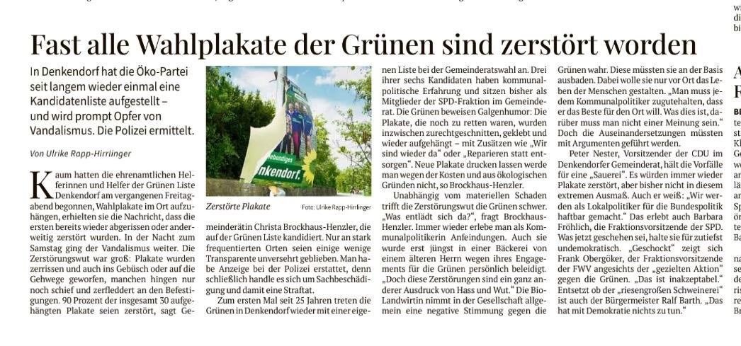 Denkendorf: Fast alle Wahlplakate der Grünen sind zerstört worden