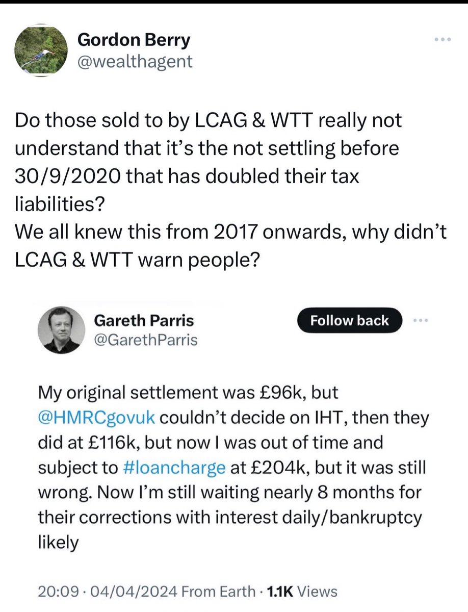 @CagnaMartaDead @customeroutrage @libdemdaisy @loanchargeAPPG Promoters put 85% in your hand. Settlement sought to take back 20% tax (on that 85%), plus 6 years interest at circa 4% Instead WTT & LCAG helped increase the tax to 40% (double) of 85% under the #loancharge, plus 4 years interest at circa 7% WTT charged you a £3,600 fee for it!