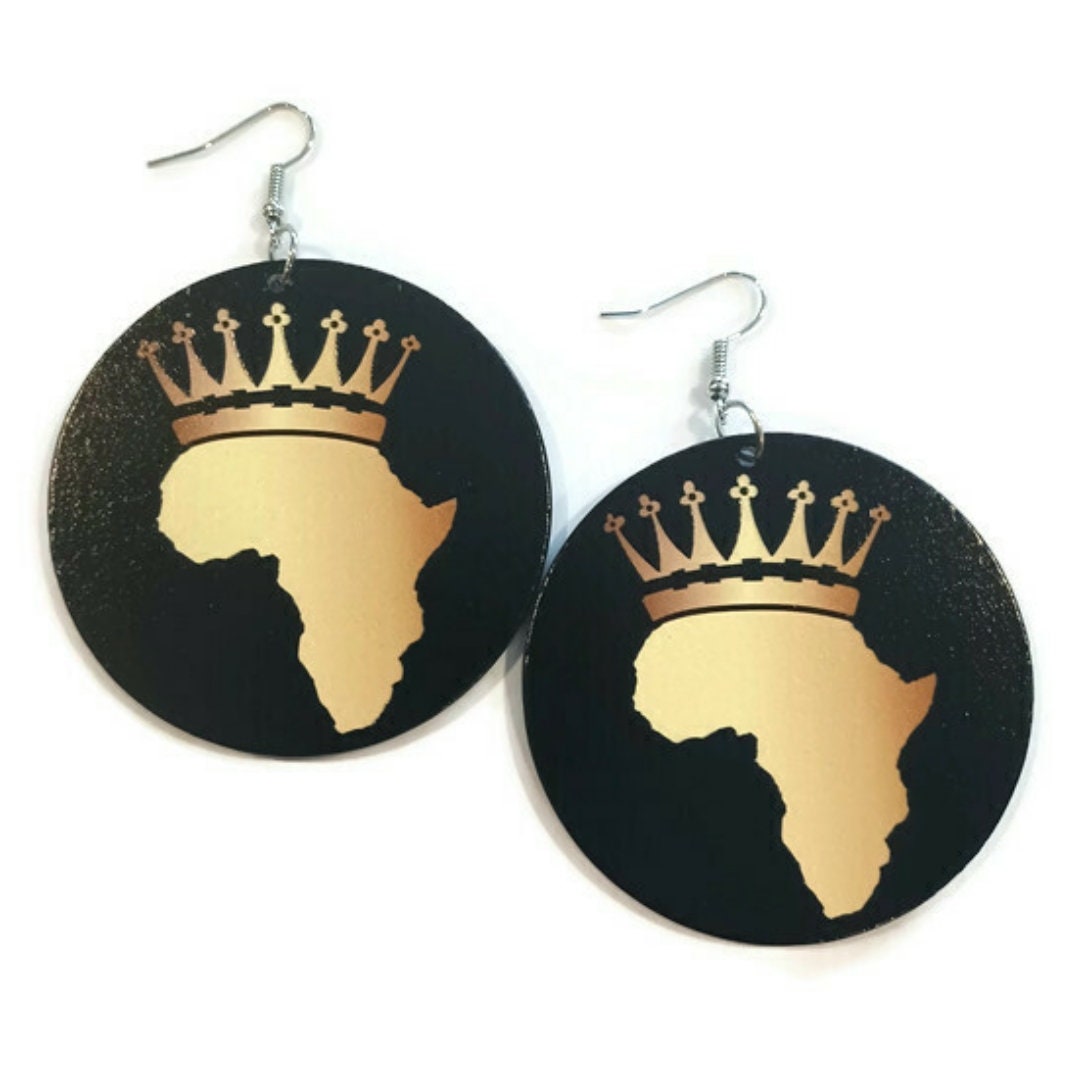 Africa Crown Gold Black Statement Dangle Wood Earrings tuppu.net/88e9d9e3 #Etsy #melaninfashion #blackownedbusiness #explore #fashionjewelry #MelaninMagic