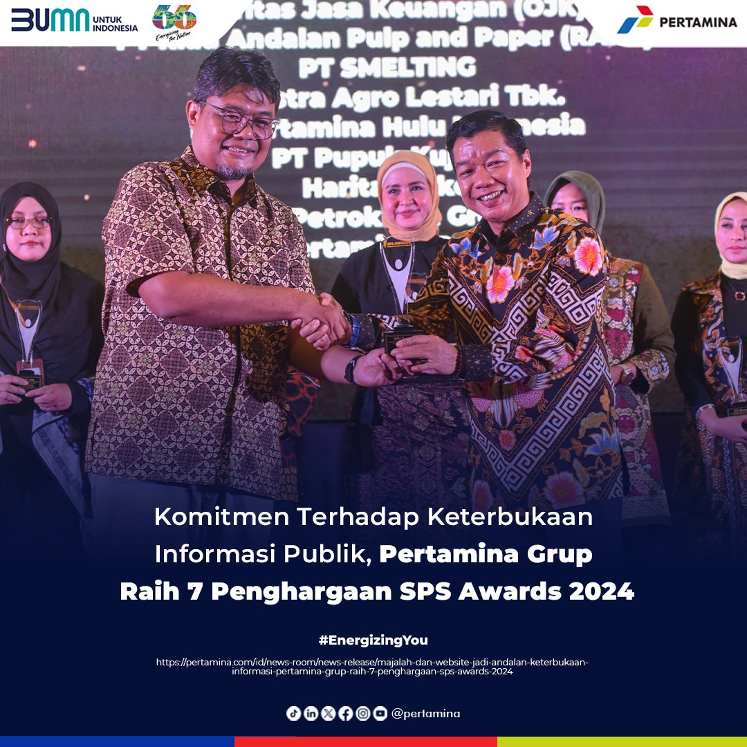 Bangga! Pertamina Grup Raih 7 Penghargaan Serikat Perusahaan Pers (SPS) Awards 2024 Penghargaan tersebut diraih atas komitmen Pertamina Grup terhadap keterbukaan informasi publik di berbagai saluran media komunikasi digital online. pertamina.com/id/news-room/n… #EnergizingYou