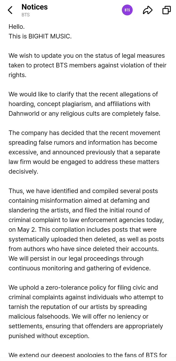 “BIGHIT Music has decided that the recent movement spreading false rumors has become excessive & announced previously that a separate law firm would be engaged to address these matters decisively & filed the initial round of criminal complaint to law enforcement agencies on May 2