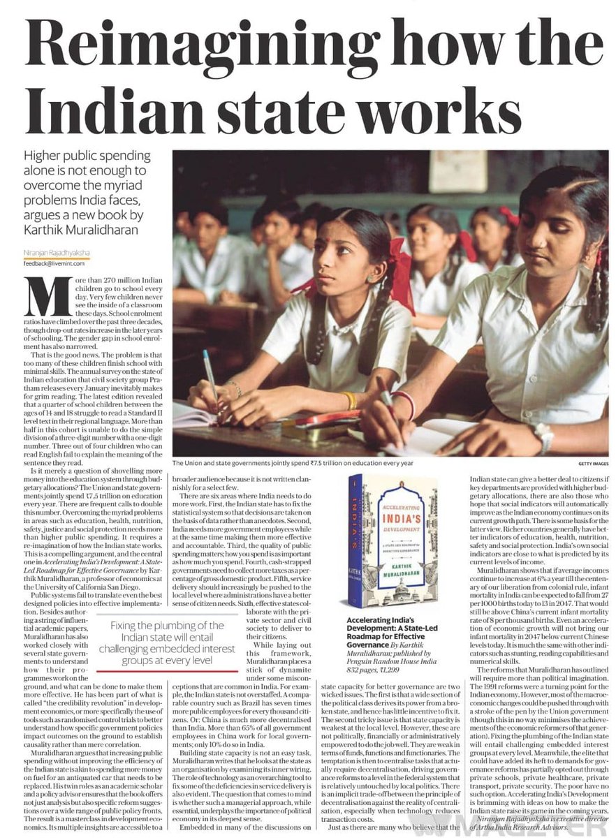 A brilliant review of my new book by @CafeEconomics for @livemint today. He gets everything right about it! Grateful for his observation that: 'Muralidharan's twin roles as an academic scholar and a policy advisor ensures that the book offers not just analysis but also…