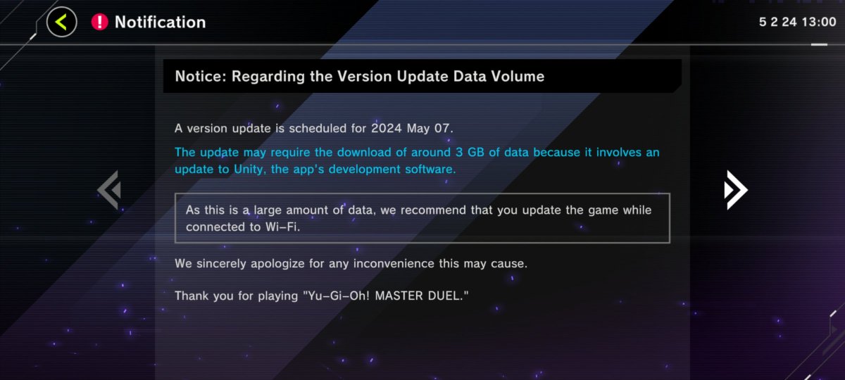 Master Duel's next Core App Update is dropping from May 6/7th depending where you are, and will require a 3GB download on mobile and 10GB on PC. This is in advance of a new Selection Pack dropping a few days after. #MasterDuel #YuGiOh #YuGiOhMasterDuel #遊戯王マスターデュエル